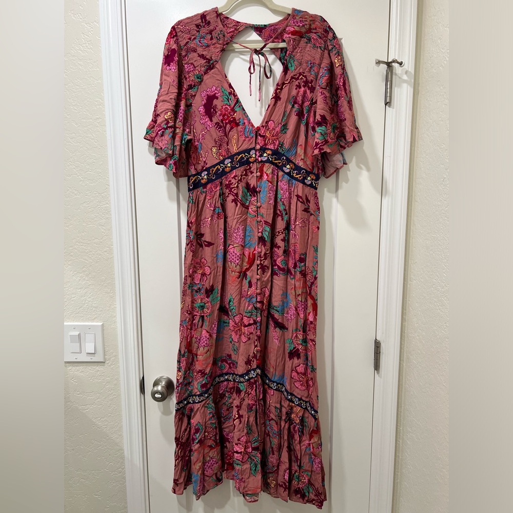 NWT Anthropologie Women’s Pink Maxi Dress Floral Embroidered Size Large